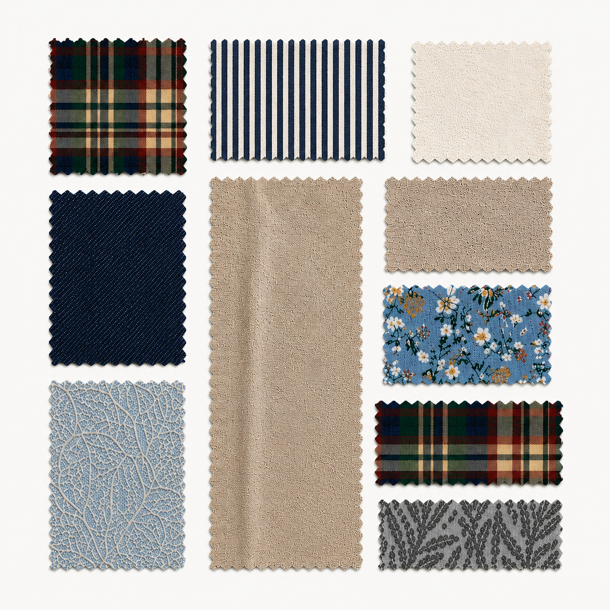 Fabric swatches showing greige cotton, yarn-dyed stripes, checks, denim and dobby weaves — Arihant Fabrics product range