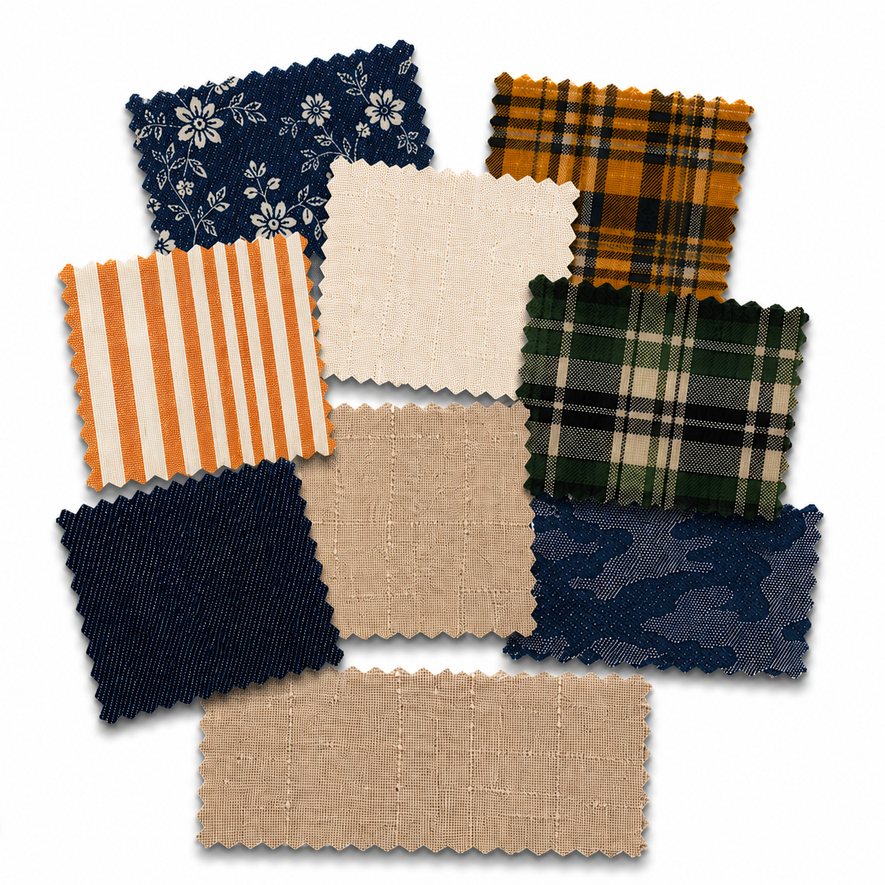 Fabric swatches including yarn-dyed checks, printed denim, greige cotton and stripe samples — Arihant Fabrics